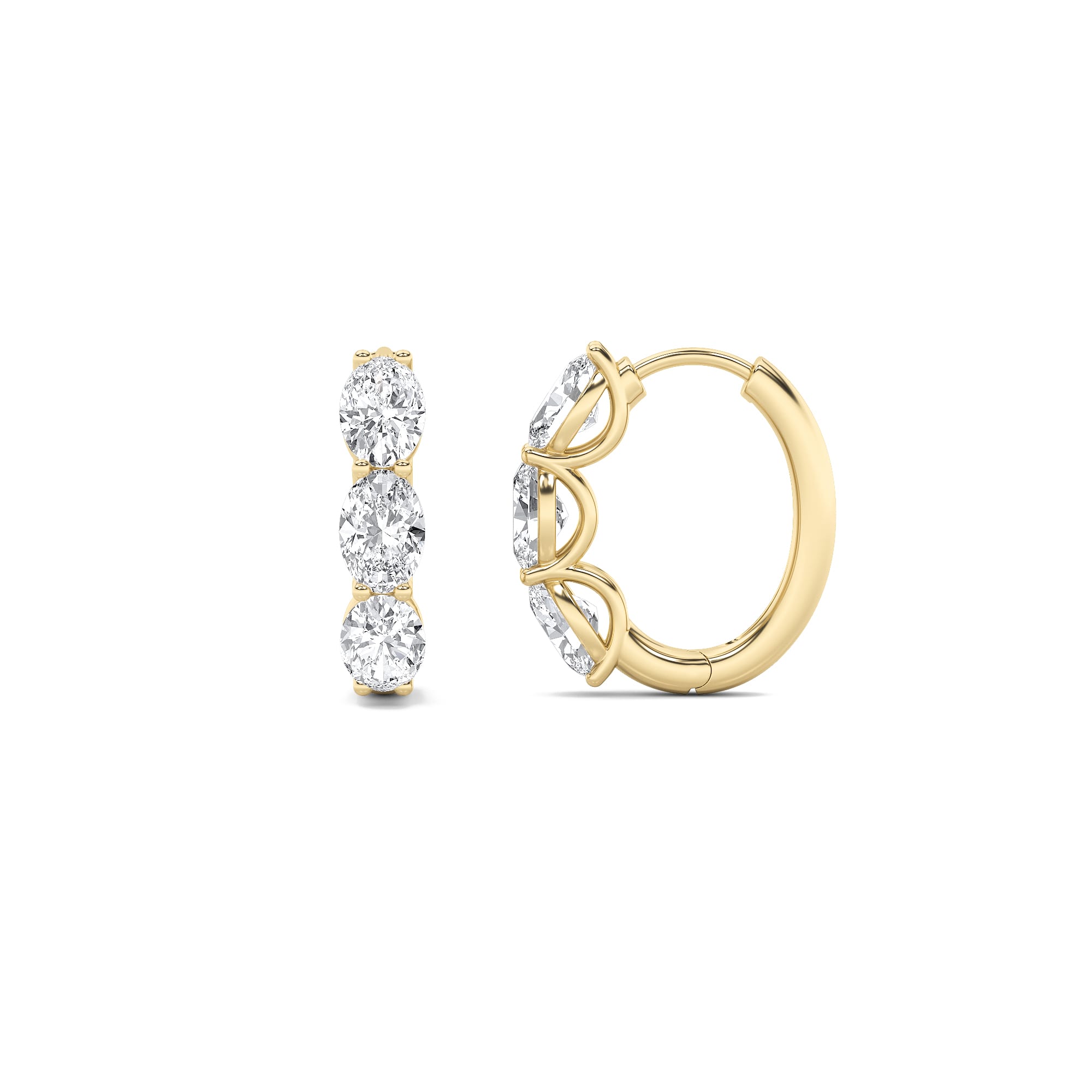 three stone oval hoops YG