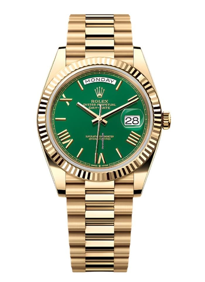 Rolex Unworn Yellow Gold Day Date 40 Presidential Green